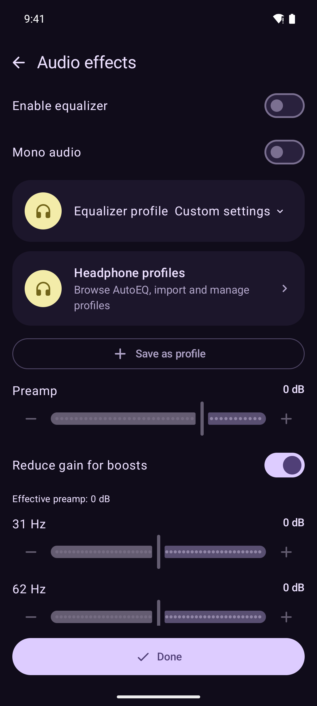 Audio effects with headphone profiles and equalizer controls